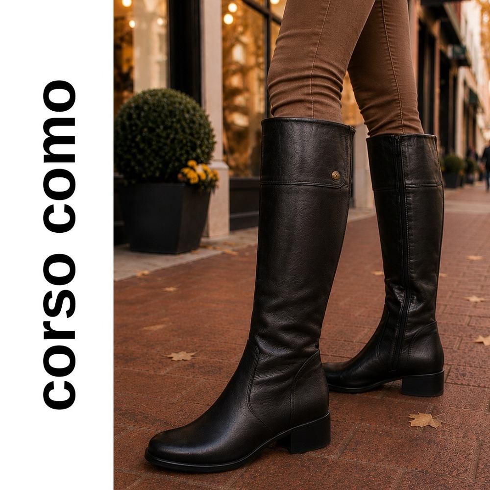 Corso Como, Black Leather Tall Riding Boots Low Block Heel Zipper Size 6.5
